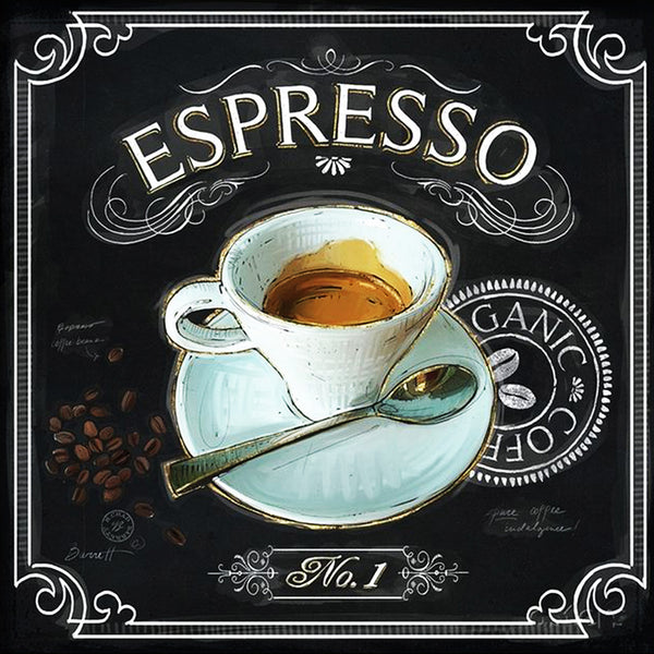 Diamond Painting Grafik einer Espresso-Tasse mit Kaffeebohnen und Löffel im Kreide-Design auf schwarzem Untergrund.
