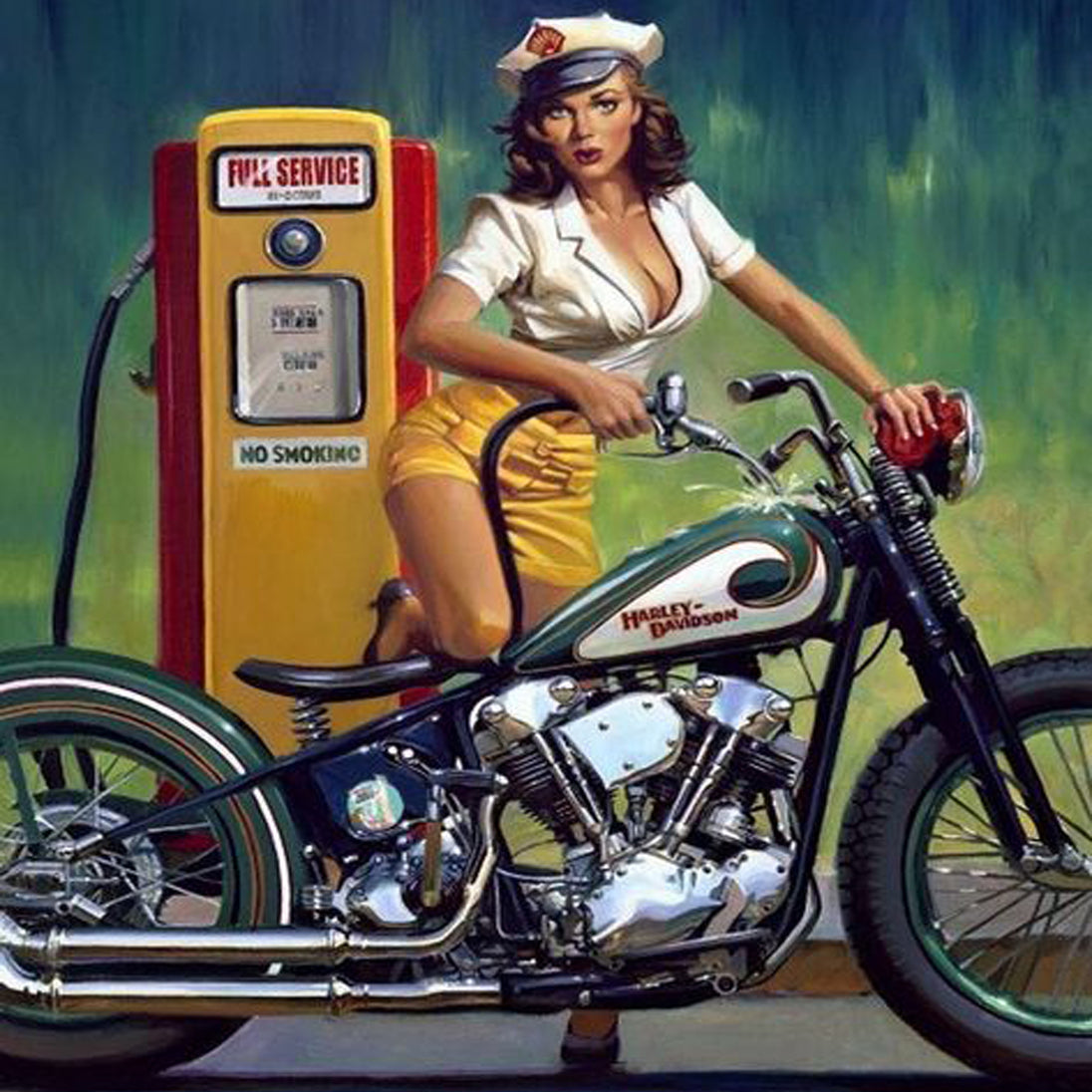 Diamond Painting mit Pin-up-Frau an Vintage-Zapfsäule neben klassischem Motorrad im Retro-Stil.
