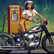 Diamond Painting mit Pin-up-Frau an Vintage-Zapfsäule neben klassischem Motorrad im Retro-Stil.