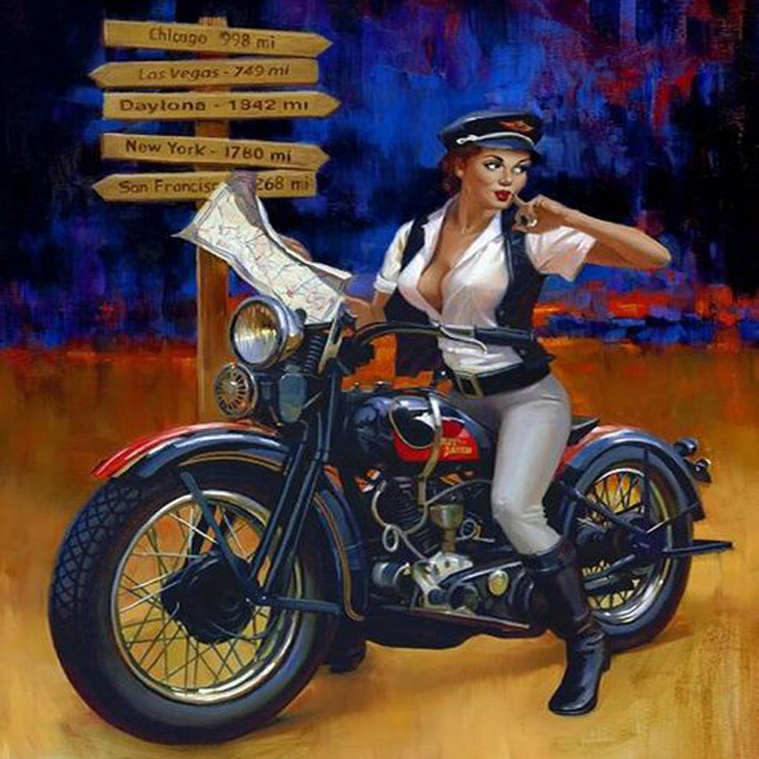 Diamond Painting mit Pin-up-Bikerin auf klassischem Motorrad vor Wegweiser im Retro-Stil.