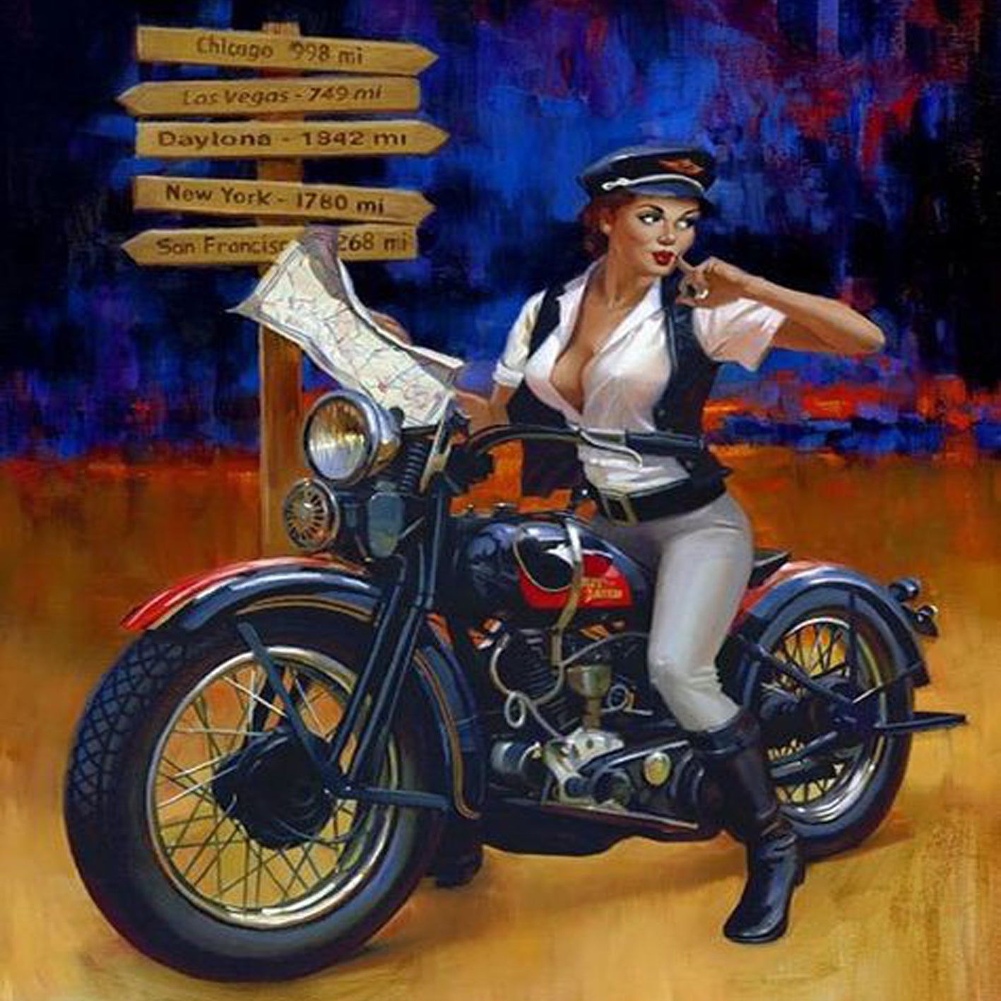 Diamond Painting mit Pin-up-Bikerin auf klassischem Motorrad vor Wegweiser im Retro-Stil.