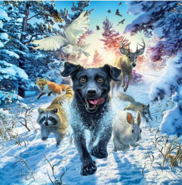 Diamond Painting mit schwarzem Hund, Hirsch, Eule, Fuchs und Winterwald im Schnee.