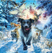 Diamond Painting mit schwarzem Hund, Hirsch, Eule, Fuchs und Winterwald im Schnee.