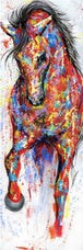Diamond Painting eines bunten Pferdes im Pop-Art-Stil mit vielen Farbspritzern auf weißem Grund. 

