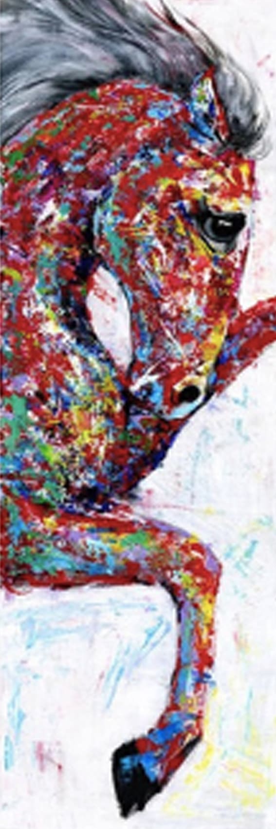 Diamond Painting eines steigenden Pferdes in bunter Pop-Art-Optik mit abstrakten Farbeffekten. 
