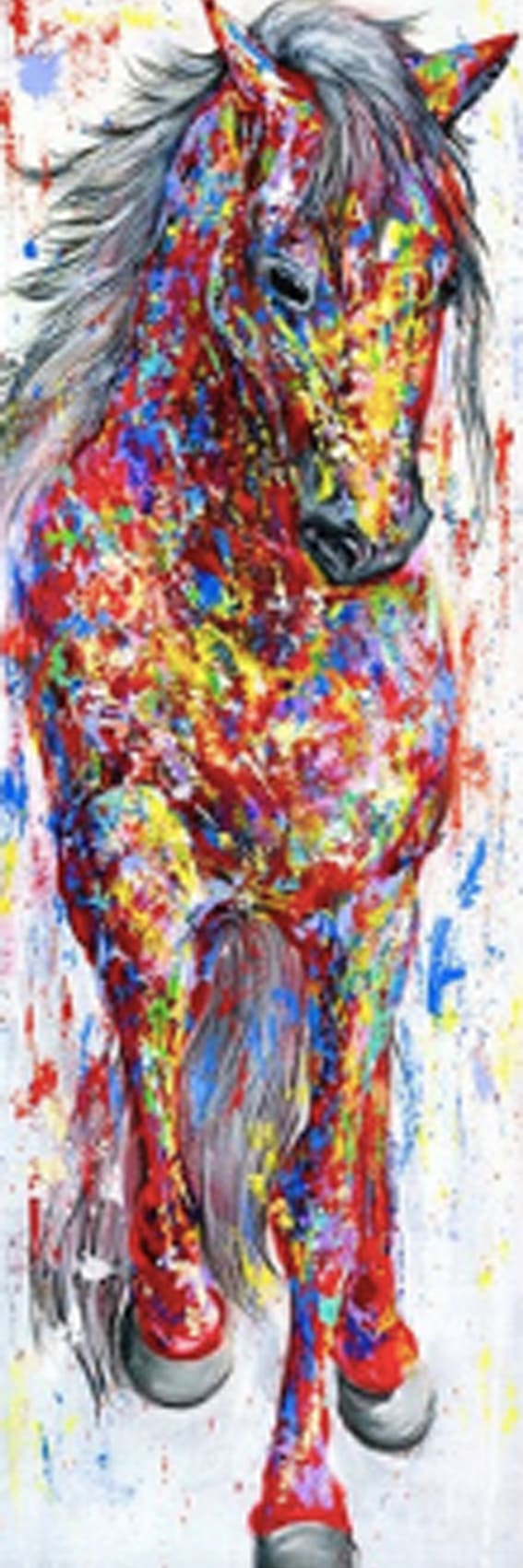 Diamond Painting eines farbenfrohen Pferdes mit bunter Mähne auf hellem Hintergrund.