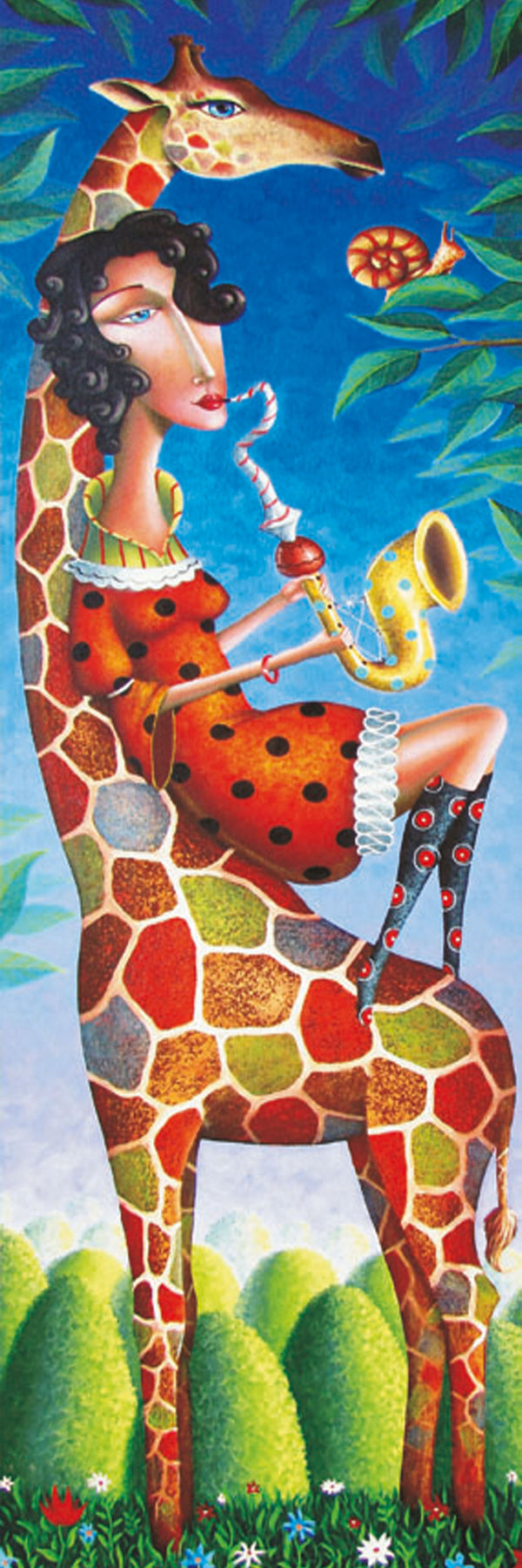 Diamond Painting einer Giraffe mit einer Saxophon spielenden Frau auf dem Rücken im surrealen Illustrationsstil. 