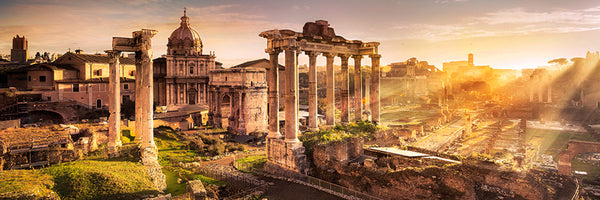 Diamond Painting der Ruinen des Forum Romanum in Rom bei einem strahlenden goldenen Sonnenuntergang. 
