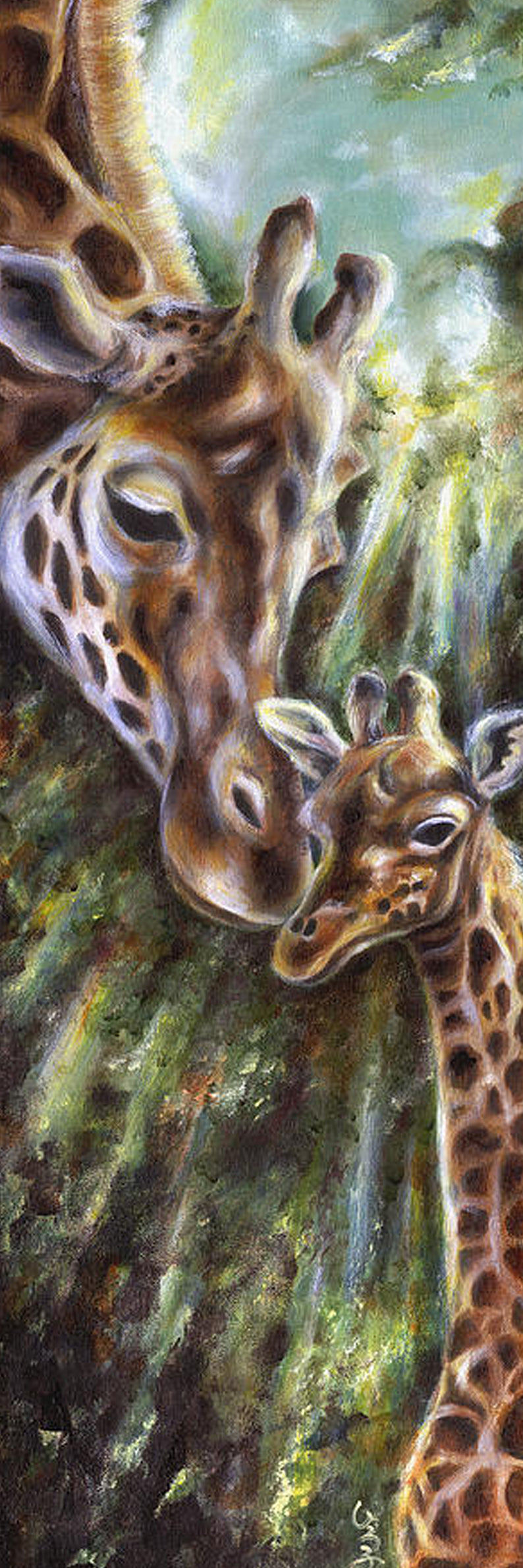 Diamond Painting mit Giraffenmutter und Jungtier in grüner Waldlandschaft.