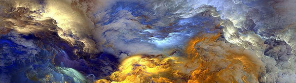 Abstraktes Diamond Painting mit wirbelnden blauen, goldenen und grauen Wolkenformationen.
