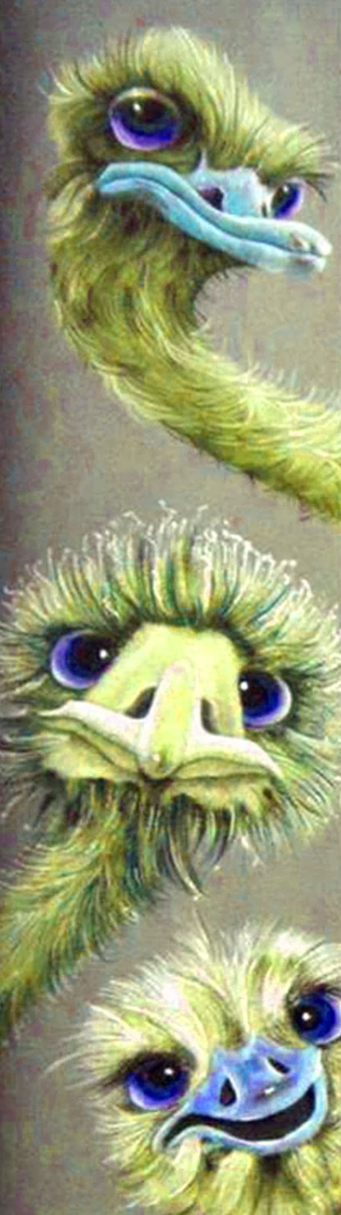 Diamond Painting von drei gelbgrünen Straußenköpfen mit blauen Schnäbeln in vertikaler Anordnung.