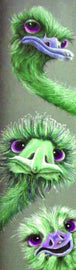 Diamond Painting von drei grünen Straußenköpfen mit lila Augen in vertikaler Anordnung.

