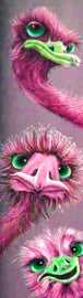 Diamond Painting von drei pinkfarbenen Straußenköpfen mit grünen Augen in vertikaler Anordnung.
