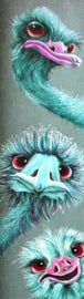 Diamond Painting von drei türkisen Straußenköpfen mit großen Augen in vertikaler Anordnung auf grauem Grund.
