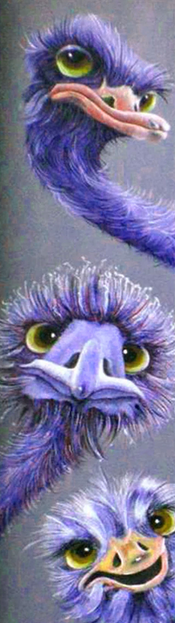 Diamond Painting von drei violetten Straußenköpfen mit gelben Augen in vertikaler Anordnung.