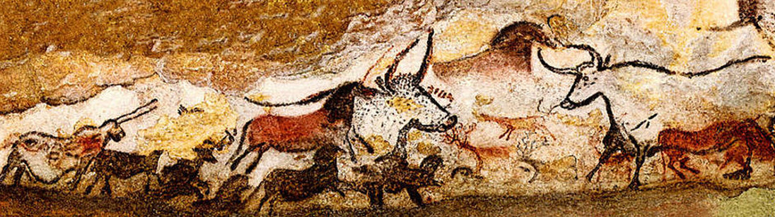 Diamond Painting einer prähistorischen Höhlenmalerei mit mehreren Wildtieren auf einer Felswand.